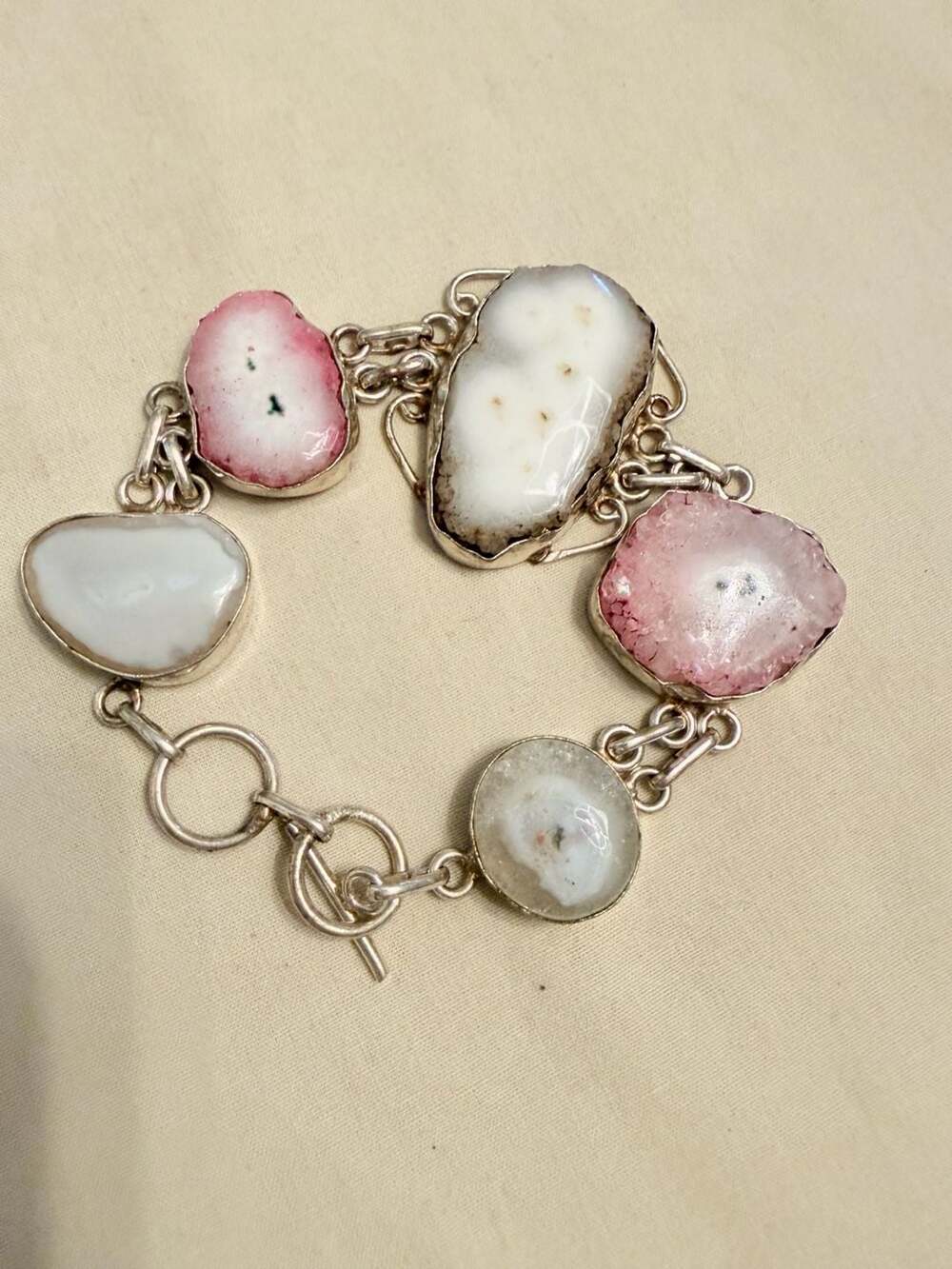 Handmade 925 Sterling Silver Pink & White Druzy Agate Toggle Bracelet